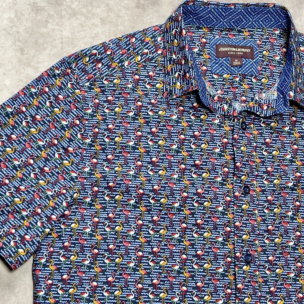 Johnston & Murphy Shirt Mens M Blue Pink Flamingo AOP Novelty Tropical Vacation